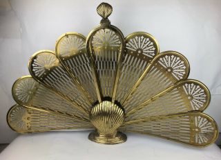 Vtg Antique Ornate Brass Peacock Fireplace Fan Folding Screen Clamshell Art Deco