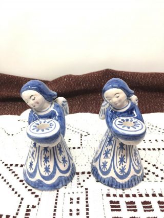 Vintage L Hjorth Denmark Angel Candleholder 4 " Blue & White