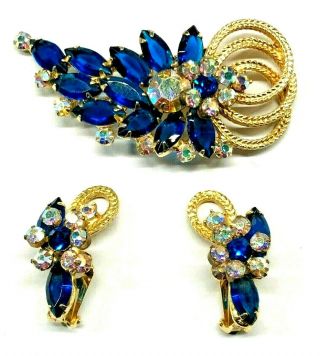 Juliana D&e Capri Blue Ab Rhinestone Gold Rope Spray Brooch Earrings