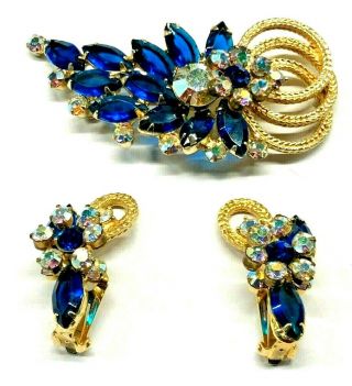 Juliana D&E Capri Blue AB Rhinestone Gold Rope Spray Brooch Earrings 2
