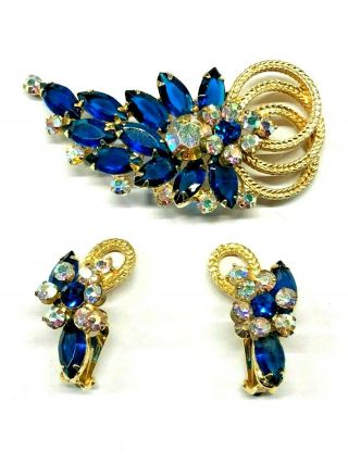 Juliana D&E Capri Blue AB Rhinestone Gold Rope Spray Brooch Earrings 4