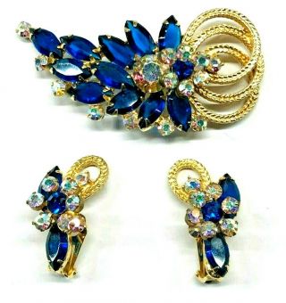 Juliana D&E Capri Blue AB Rhinestone Gold Rope Spray Brooch Earrings 5