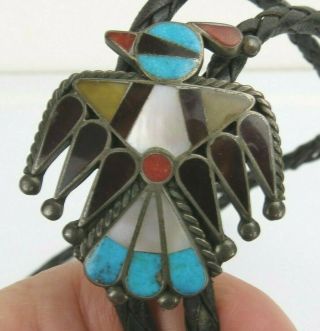 Vtg Sterling Silver Native American Bolo Tie 1950s Zuni Inlay Thunderbird