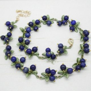 Vintage Style Real Lapis Lazuli Stone Bead Blueberries And Enamel Necklace
