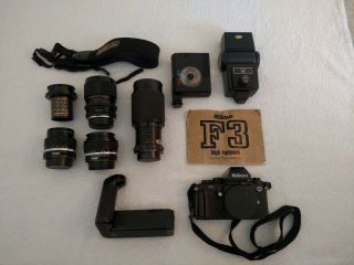 Vintage Nikon F3 35mm Camera W/ 4 Lenses,  Motor Accessories,  2 Flashes & More