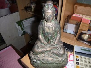 Vintage 1934 Brass Kuan Yin Goddess In Meditation 9.  5 " Statue With Brochure