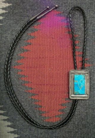 Vintage Turquoise Stamped Sterling Silver Bolo Tie Tribal Ethnic Boho