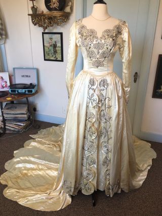 Vintage 1930s Liquid Satin Wedding Dress With Elaborate Beading And Long Train