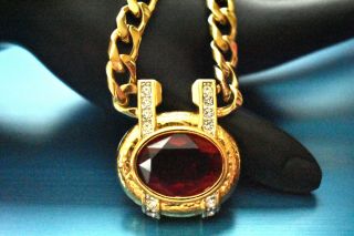 Vintage Signed Monet Red Crystal Rhinestones Gold Plated Pendant Necklace Ma7