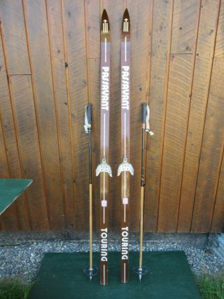 Vintage Wooden Skis 69 " Long With Brown Finish,  Bamboo Poles