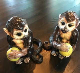 Stunning Pair Ceramic Porcelain Hand Painted Monkey Monkeys Italy Vintage