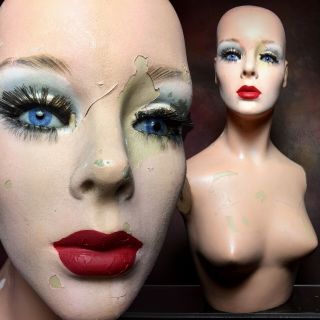 Vintage 50s Mannequin Female Bust Display Torso Glass Eyes Oddity Art Creepy