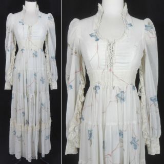 Vtg 70s Gunne Sax Gauzy Floral Lace Corset Bishop Sleeve Prairie Maxi Dress S