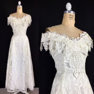 Vintage Loralie Ivory Satin Lace Wedding Dress Romantic Destination Cruise 14