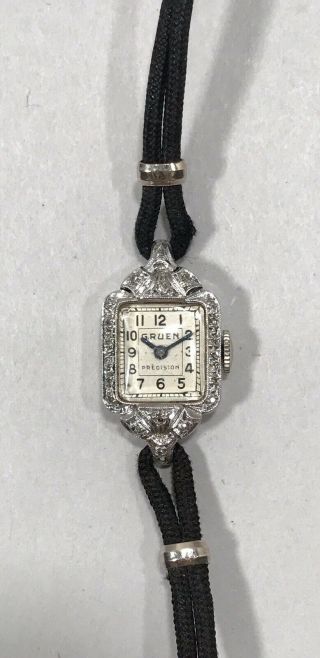 Vintage Womens Ladies Gruen Precision Watch 14k White Solid Gold W/ Gemex Band
