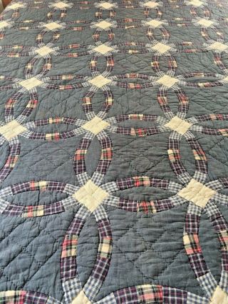 Vintage Handmade Double Wedding Ring Denim & Plaid Quilt 95 " X 83 "