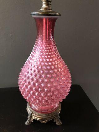 Vintage Fenton Cranberry Ruby Red Pink Hobnail Glass Bronze Red Glass Lamp