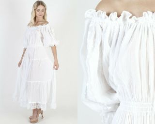 Vtg 80s White Gauze Dress Prairie Country Wedding Floral Lace Off Shoulder Maxi