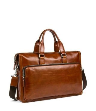 Mantobruce Leather Briefcase Shoulder Laptop Business Vintage Simple Bag 15 ".