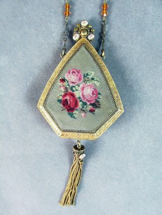 Victorian Chatelaine Sewing Kit Purse Petit Point W/jewels & Enamel