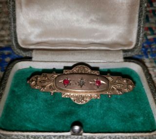 Antique Chester 9ct Gold Late Victorian Ruby Diamond Memorial Brooch