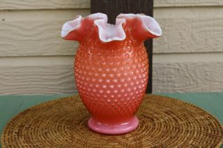 Vintage Fenton Glass Coral Overlay Hobnail Double Crimped Vase Rare 6.  00 "