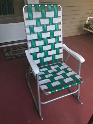 Vintage Aluminum Folding High Back Webbed Lawn Rocking Chair Rocker Green
