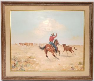 Vintage Western Scene Cowboy On Horseback Herding Cattle Painting Signed Zane