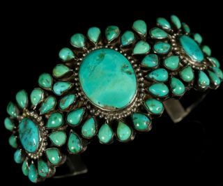 Navajo Vintage Very Old Pawn Traditional Cluster Turquoise Sterling Bracelet
