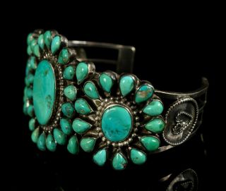 Navajo Vintage Very OLD PAWN Traditional CLUSTER Turquoise Sterling Bracelet 5