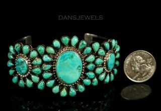 Navajo Vintage Very OLD PAWN Traditional CLUSTER Turquoise Sterling Bracelet 7