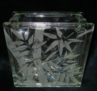 Hawaii Vintage Etched Glass Block Vase Bamboo 7 3/4 " T X7 1/2 " W X 3 3/4 " D