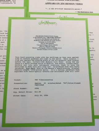 VTG JIM HENSON DARK CRYSTAL VHS PRESS RELEASE PROGRAM KIT 1994 2