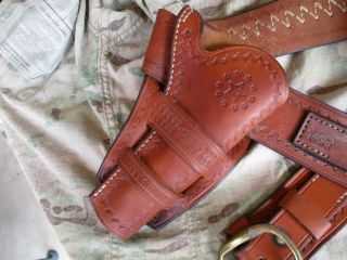 Vtg Christensen Early Times Leather Cowboy Gun Belt Rig,  2 Holsters,  US Made 4