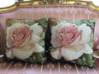 Pair Vintage Rose Needlepoint Pillows