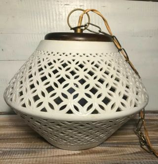 Vintage Mid Century Modern White Ceramic & Wood Hanging Swag Lamp Light 1960s