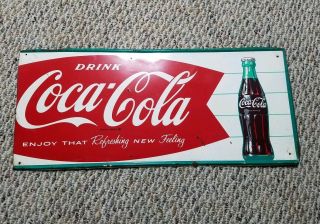 Vintage Coca Cola Soda Fishtail Tin Advertising Sign Mancave Garage