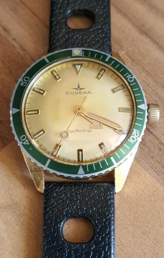 Vintage 1970s Dugena Watertrip Gold Plated Skin Diver Mechanical Mens Watch 6