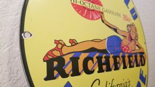 VINTAGE RICHFIELD GASOLINE PORCELAIN GAS OIL RICHLUBE CALIFORNIA PINUP GIRL SIGN 7