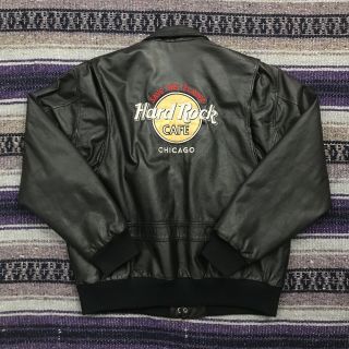 Vtg 80s Hard Rock Cafe Leather Jacket Large Chicago Save The Planet Bomber Black