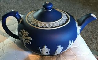 Vintage Wedgwood Dark Royal Blue Jasper Ware Lidded Tea Pot B - Eautiful