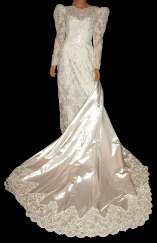 House Of Bianchi Vintage 80s 90s White Alanson Lace Wedding Dress W/ Train 8