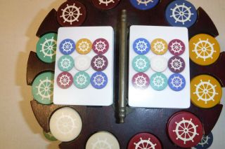 Vintage In Laid Poker Chips With Matching Playing Cards In Carosel