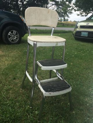 Vtg Mid Century Cosco Step Stool Kitchen Seat Chair Pull Out Steps White Mcm