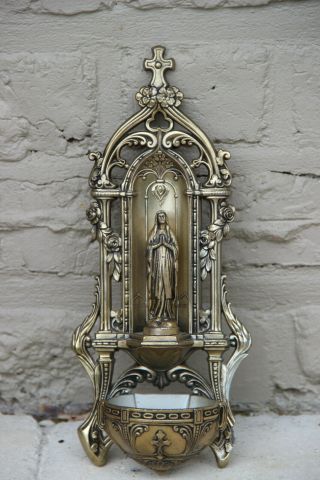 Vintage French Spelter Holy Water Font Madonna Figurine