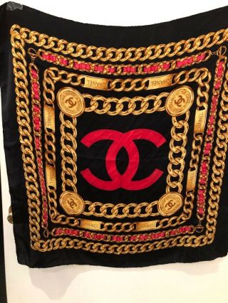 Auth.  Chanel Vintage Black Cc Logo And Gold Chain Silk Scarf