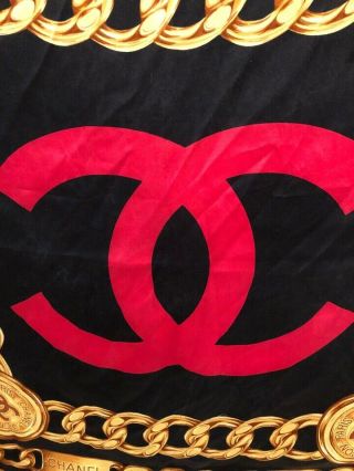 Auth.  Chanel vintage black CC logo and gold chain silk scarf 2