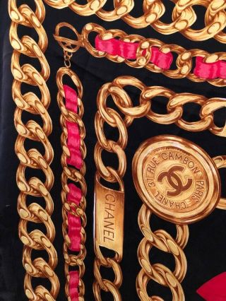 Auth.  Chanel vintage black CC logo and gold chain silk scarf 3