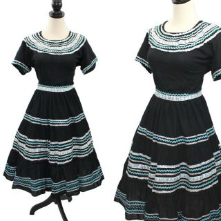 Vintage 1950s Black And Turquoise Patio Dress Set Blouse Skirt Ric Rac Squaw L