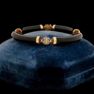 Antique Vintage Deco Retro 14k Yellow Gold Chinese Black Onyx Segment Bracelet